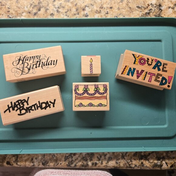 Set of 5 Birthday Themed Rubber Stamps - Picture 1 of 10